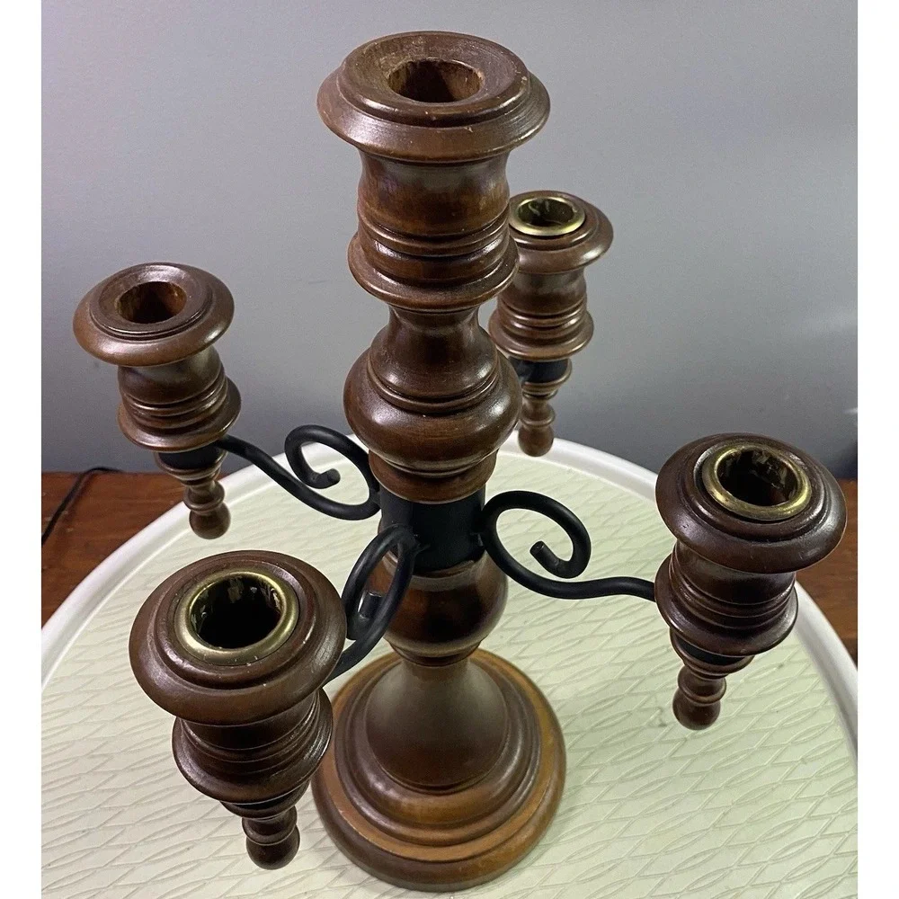 Vintage Wood&Black‎ Iron 5 Arm Candelabra CANDLE HOLDER Rustic Farmhouse 14